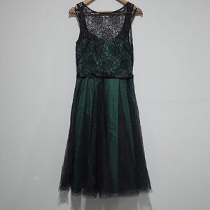 Theia Cocktail Dress Womens 6 Black Midi Sleeveless Lace Top Pleated Skirt Belt